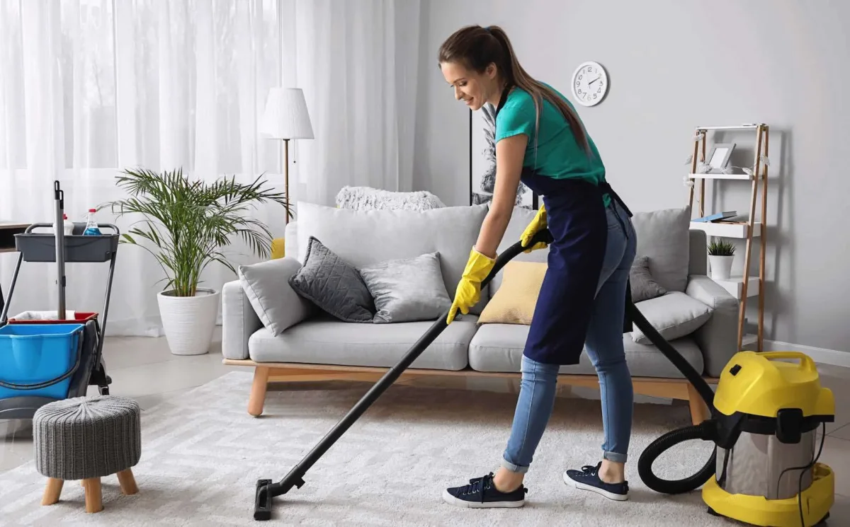 Aydınlık bir apartman dairesinde temizlik sonrası salon
